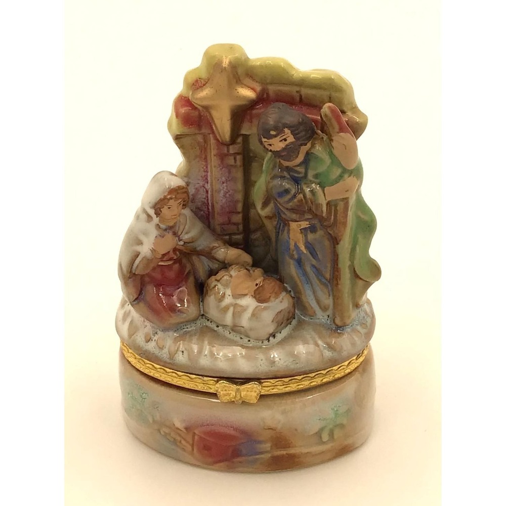 Vintage Nativity Scene Ceramic Trinket Box Holy Family Christmas Keepsake Gift